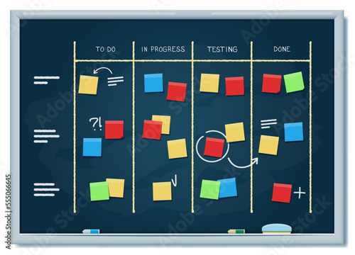 Scrum board. Business project scrumboard, team brainstorm and company briefing vector taskboard with progress columns and color stickers. Marketing strategy and software development whiteboard
