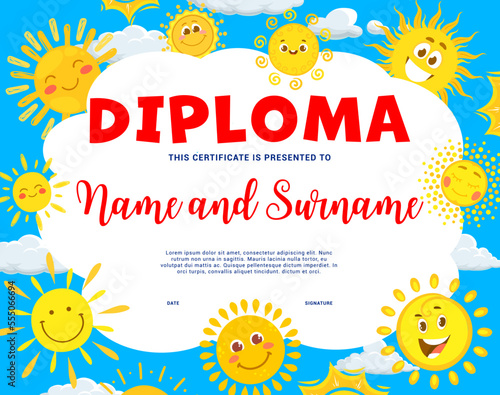 Kids diploma. Cartoon sun characters. Children graduation certificate or kids competition winner award or school education achievement vector diploma with shying hot sun cheerful personages faces