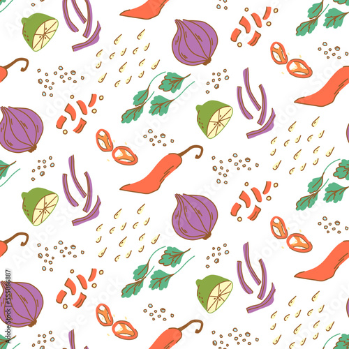 Seamless pattern with vegetables, herbs and spices on a white background. Pepper, salt, onion, lime