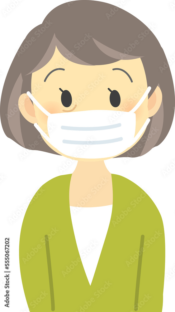 イラスト素材:年配の女性が感染症対策でマスクを着用する姿（透過背景）
