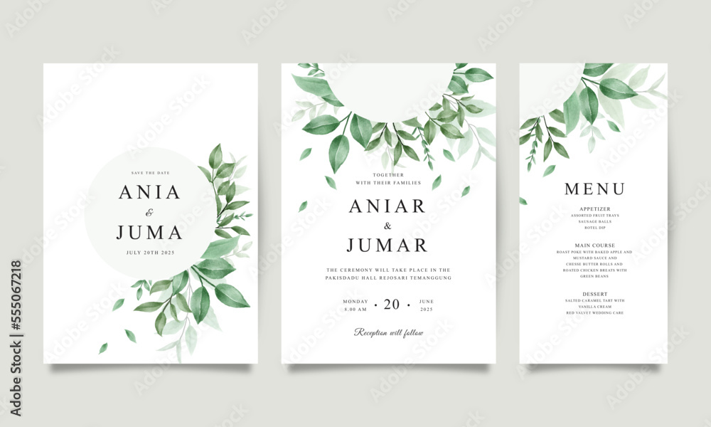 Set of elegant wedding invitation templates set with watercolor green leaves