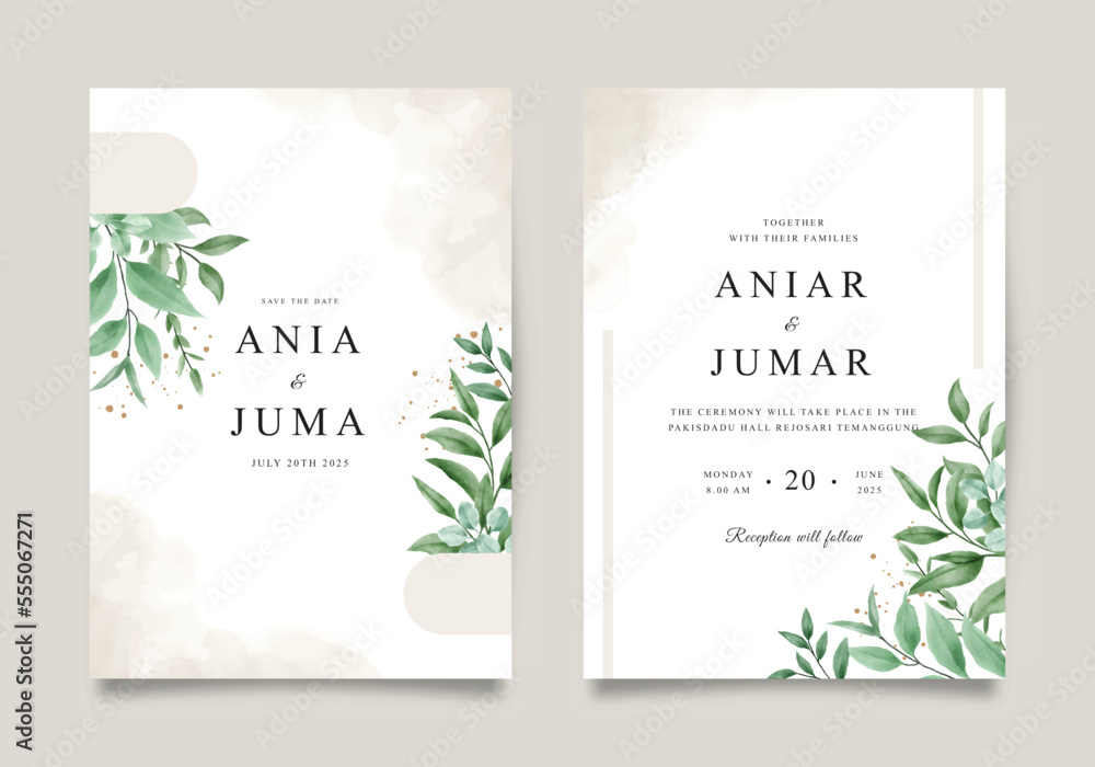 Watercolor leaves set for elegant wedding invitation template