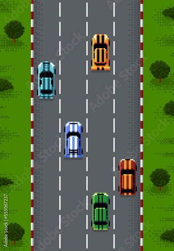 Pixel race game top view. Motorsport competition road, racetrack straight lane with sport cars cubic vector background or screen. Retro 8 bit racing game track circuit pixelated backdrop