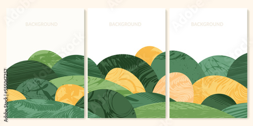 Abstract agriculture field or farm card background. Vineyard valley pattern, spring countryside landscape, ecology poster template. Summer nature backdrop, organic design set, eco green flyer layout