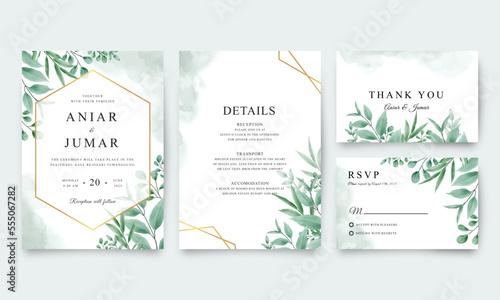 Set of wedding invitation templates with golden geometric and watercolor green leaves