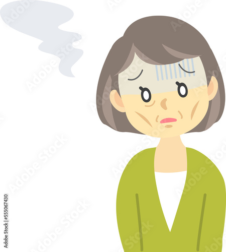 イラスト素材:体調不良シリーズ　シニア女性が白目をむいて青ざめた顔で魂の抜けた表情をする場面（透過背景）
