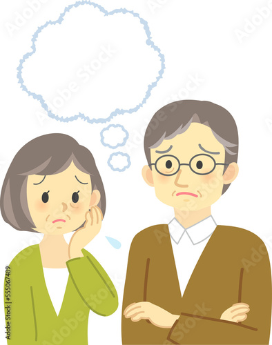 イラスト素材:老夫婦が向かい合って不安な表情で悩む場面　 腕組みしたおじいさんとコピースペース（透過背景）  © kuroshimaharu