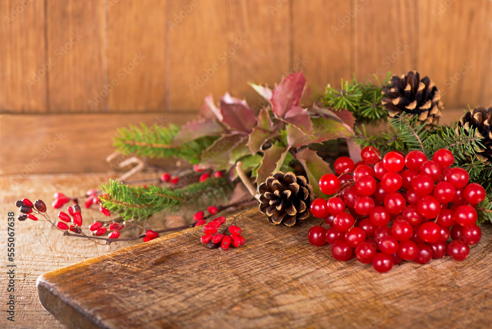branches of holly, pine cones, mountain ash berries branches of holly, pine cones, mountain ash berries