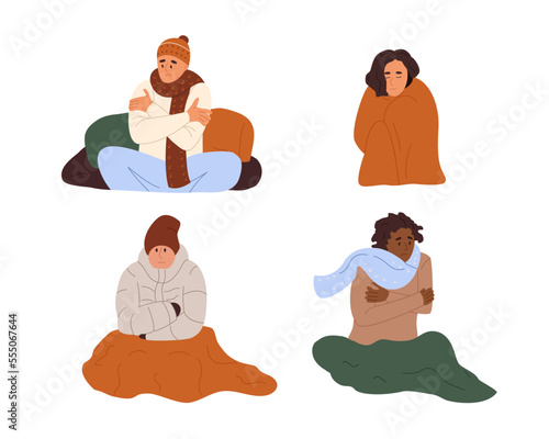 People suffering from cold at home set. Frozen men and women wear warm clothes and wrapped with plaids indoors. Heating problem or flu concept. Flat vector illustration isolated on white background