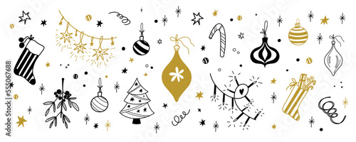 Christmas doodle. Line vector hand drawn. Mistletoe, gift sock, garland, ball and christmas tree
