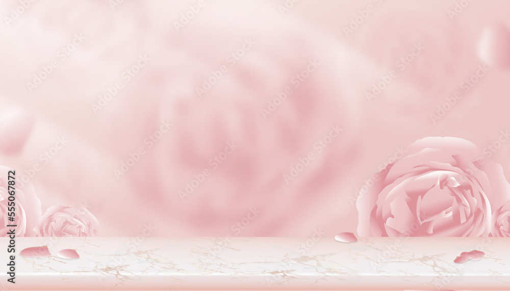 Wall Display of Pink Marble shelf with blurry English rose background,Vector 3D Studio scene with blurry spring flower,Sweet pink pastel backdrop banner for beauty product,Mother day,Valentine Day Wall Display of Pink Marble shelf with blurry English rose background,Vector 3D Studio scene with blurry spring flower,Sweet pink pastel backdrop banner for beauty product,Mother day,Valentine Day