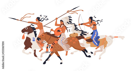 Warriors of Apache tribe, riding horseback. Armored Native American tribal horsemen, archers on horses, feathered headdress, bows and spears. Flat vector illustration isolated on white background