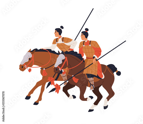 Chinese historical horse warriors. Military Asian horsemen armored with spears, riding horseback. Ancient China history fighters, riders. Flat graphic vector illustrations isolated on white background