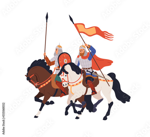 History warriors, horse riders. Russian armored horsemen riding to historical war. Ancient Medieval mounted army, soldiers on horseback. Flat graphic vector illustration isolated on white background