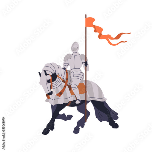 Knight, medieval warrior riding horse. Armored soldier rider in helmet and metal armour on horseback, holding flag. Chivalry, military history. Flat vector illustration isolated on white background