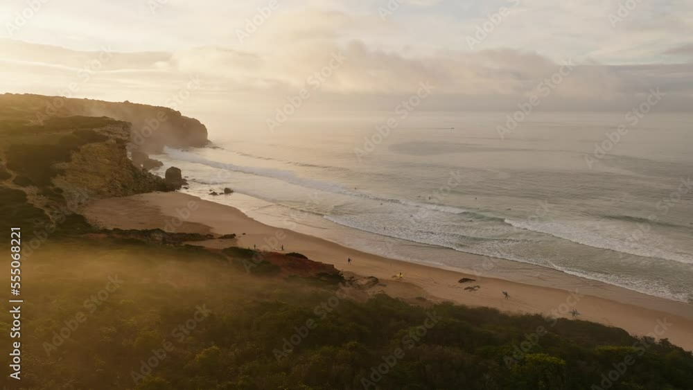 Slow drone flight over misty cliffs with ocean view in Portugal. Slow drone flight over misty cliffs with ocean view in Portugal.
