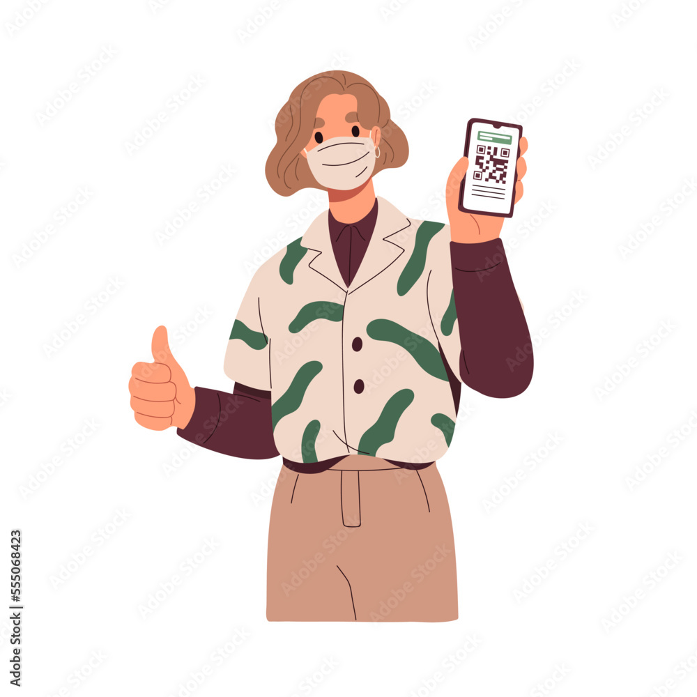 Digital Covid vaccine certificate with QR-code on phone screen. Woman in medical mask showing smartphone app with corona, coronavirus immunity ID. Flat vector illustration isolated on white background Digital Covid vaccine certificate with QR-code on phone screen. Woman in medical mask showing smartphone app with corona, coronavirus immunity ID. Flat vector illustration isolated on white background