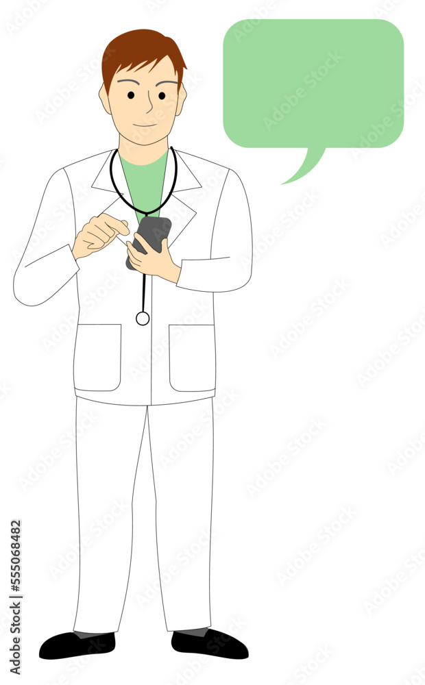 A male doctor, surgeon, dentist, veterinarian, white background with a cellphone