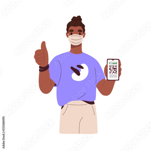 Digital corona certificate with QR-code on mobile phone screen. Person with coronavirus, covid vaccine ID document on smartphone display. Flat vector illustration isolated on white background