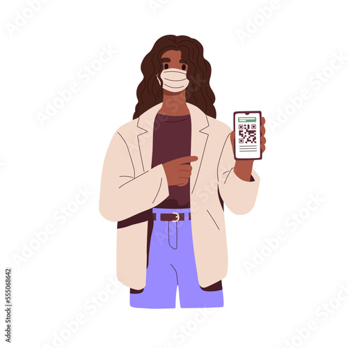 Digital corona vaccine certificate with QR-code. Black woman showing covid vaccination document, covid19 passport on mobile phone screen. Flat vector illustration isolated on white background