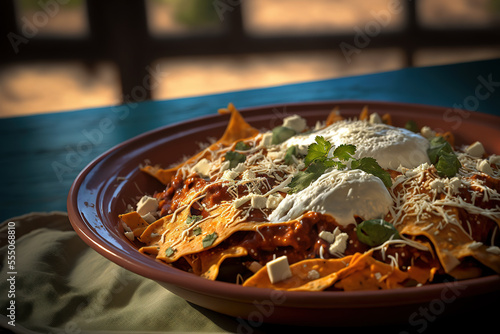 Chilaquiles, mexican cuisine popular dish. AI