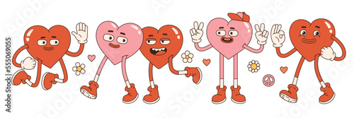Groovy lovely hearts stickers. Love concept. Happy Valentines day. Funky happy heart character in trendy retro 60s 70s cartoon style. Vector illustration in pink red colors.