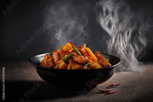 Sweet and sour pork, chinese cuisine popular dish. AI