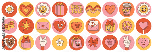 Groovy lovely hearts stickers. Love concept. Happy Valentines day. Funky happy heart, letter, gift, daisy character in trendy retro 60s 70s cartoon style. Vector illustration in pink red colors.