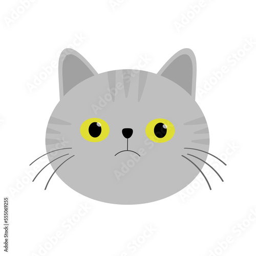 Cute cat icon. Gray striped kitten face head silhouette. Yellow eyes. Funny kawaii cartoon baby character. Notebook sticker print template. Happy Valentines Day. Flat design. White background.