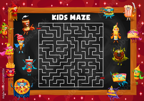 Labyrinth maze. Help to fast food characters find exit. Labyrinth puzzle vector worksheet or find way from labyrinth quiz with ketchup, coffee, hotdog and pizza, soda, hamburger defender personages photo