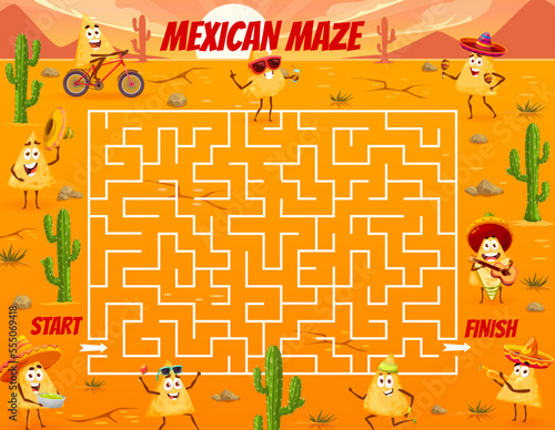 Labyrinth maze game. Mexican nacho chips characters. Kids puzzle vector worksheet, pathfinding riddle or find way quiz with cartoon nachos, sombrero hats, guitar and maracas on desert background