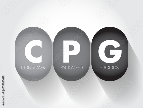 CPG Consumer Packaged Goods - merchandise that customers use up and replace on a frequent basis, acronym text concept background