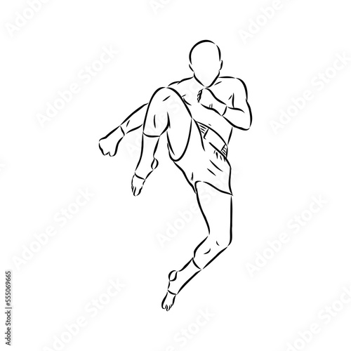 Hand sketch vector of Muay Thai or Thai Boxing. Beautiful martial art that use body parts to fight against each other. Self defense art. High kick but get defended with arm.
