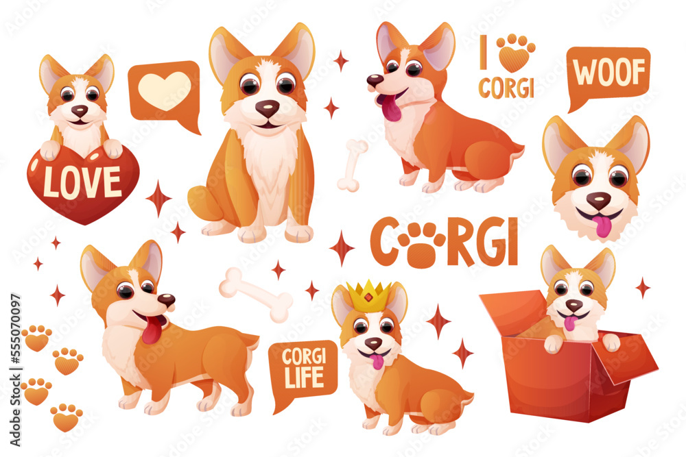 Set corgi dog stickers with crown, sitting, adorable pet, activities in cartoon style isolated on white background. Comic emotional character, funny pose