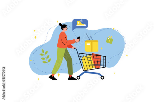 E-commerce concept with people scene in the flat cartoon design. Girl carries different goods home in a cart and chooses new shoes on the online store. Vector illustration.