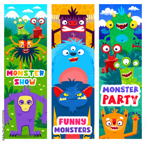 Cartoon monster characters. Vector banners, invitation for kids party or show with funny alien personages. Vertical invite cards for holiday event with cute fairy tale friendly beasts personages