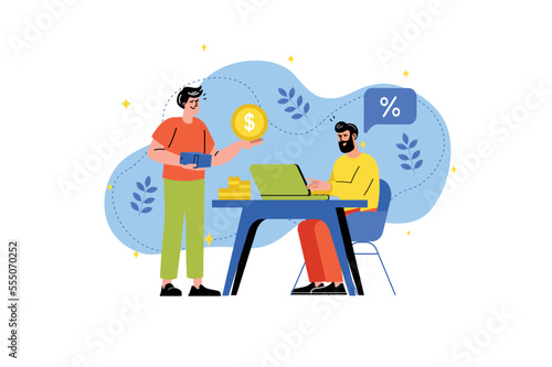 Banking concept with people scene in the flat cartoon design. Man brought money to the bank to pay for all the services. Vector illustration.