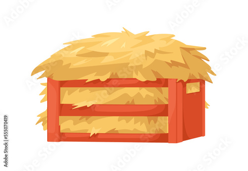 Hay heap in wood crate. Gold straw pile in box. Golden yellow wheat, autumn dry grass bale, forage, fodder in storage container. Flat vector illustration isolated on white background