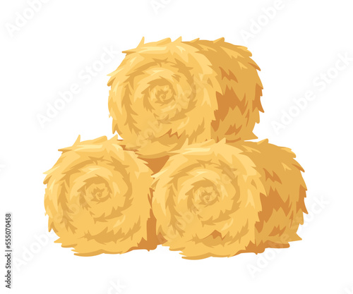 Hay bales in round rolls. Straw, dry gold grass stacks. Golden agriculture fodder, circle haystacks pile of yellow rape crop, farm harvest. Flat vector illustration isolated on white background