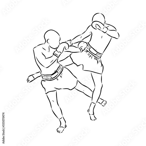 Hand sketch vector of Muay Thai or Thai Boxing. Beautiful martial art that use body parts to fight against each other. Self defense art. High kick but get defended with arm.