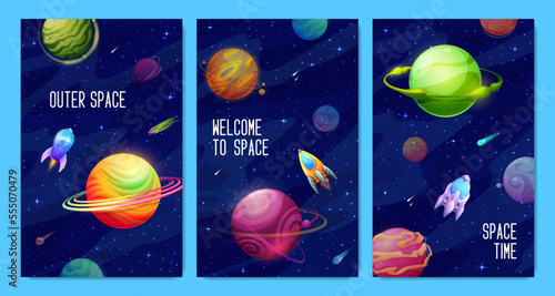 Space posters with galaxy landscape. Fantasy cosmic expedition and galaxy adventure. Spacecrafts in starry universe. Cartoon vector cards with alien planets, rockets and asteroids flying in deep space