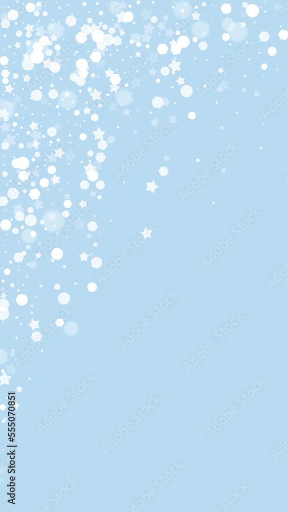 Snowfall overlay christmas background. Subtle flying snow flakes and stars on light blue winter backdrop. Festive snowfall overlay. Vertical vector illustration. Snowfall overlay christmas background. Subtle flying snow flakes and stars on light blue winter backdrop. Festive snowfall overlay. Vertical vector illustration.