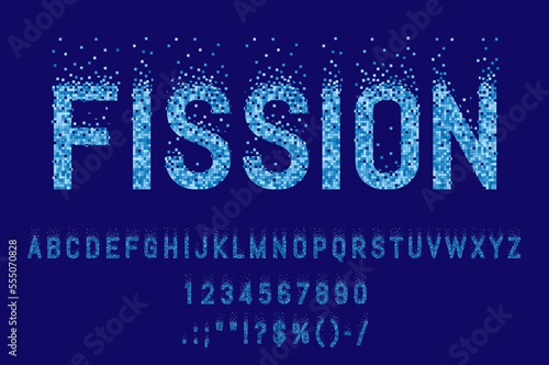 Split mosaic pixel font, fission typeface or halftone type and pool alphabet, vector typography letters. Split mosaic text font of square tiles from swimming pool or blue bits fission for ABC typeset