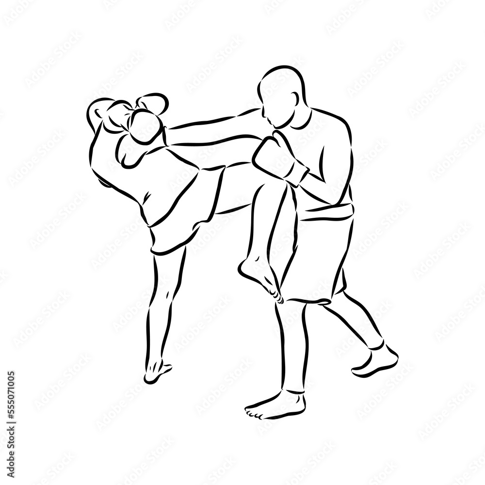 Hand sketch vector of Muay Thai or Thai Boxing. Beautiful martial art that use body parts to fight against each other. Self defense art. High kick but get defended with arm.