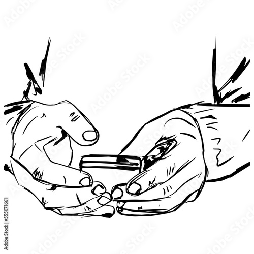 a man is typing something on his smartphone hand drawn on white background. isolated vector graphic