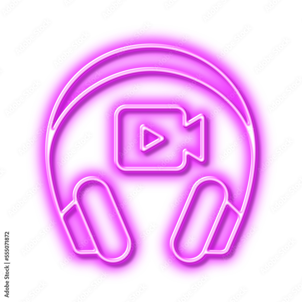 Headphones with video camera line icon. Online conference sign. Neon light effect outline icon. Headphones with video camera line icon. Online conference sign. Neon light effect outline icon.