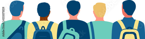 Group of people students with school bags, back view. Meeting of young friends men before education. Vector illustration