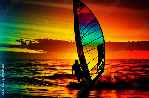 Windsurfing at sunset. Silhouette of man with sail.