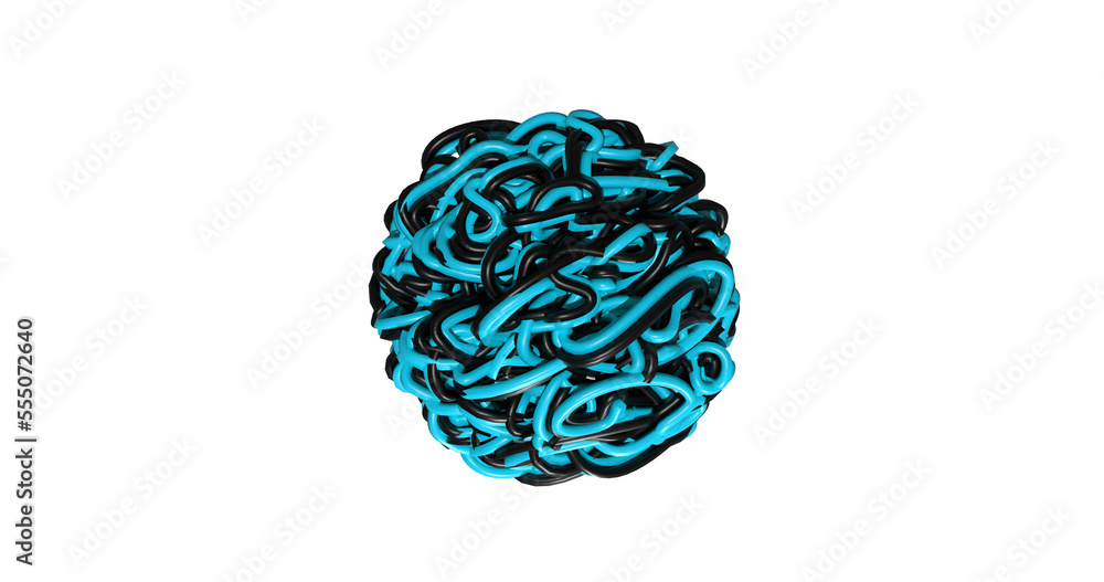 insulate wire blue and black in shape of ball twisted, coil of threads made of plastic, design element. 3d image insulate wire blue and black in shape of ball twisted, coil of threads made of plastic, design element. 3d image