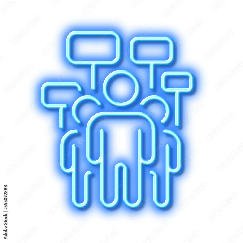 Voting campaign line icon. People rally with signs. Neon light effect outline icon. Voting campaign line icon. People rally with signs. Neon light effect outline icon.